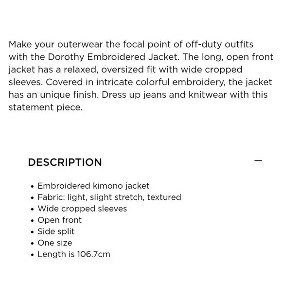 NWTFrench Connection Dorothy Soft Embroidered Kimono Jacket, One Size